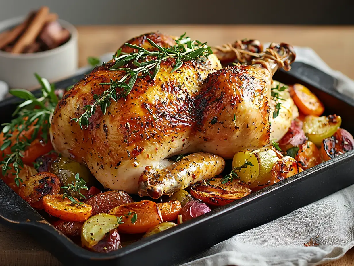 A beautifully roasted whole chicken garnished with fresh herbs, surrounded by colorful, caramelized vegetables on a baking tray.