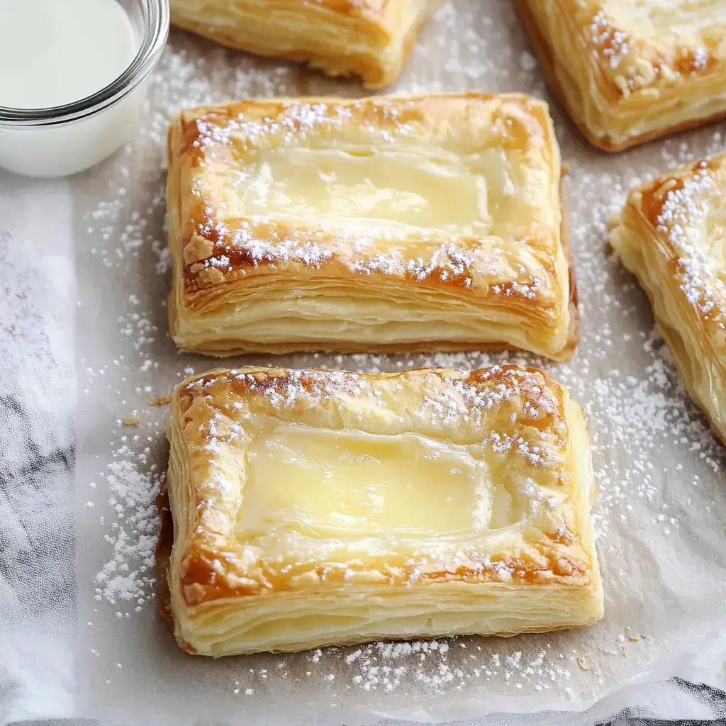 A plate of flaky pastry squares topped with powdered sugar and filled with a creamy filling, accompanied by a small jar of milk.