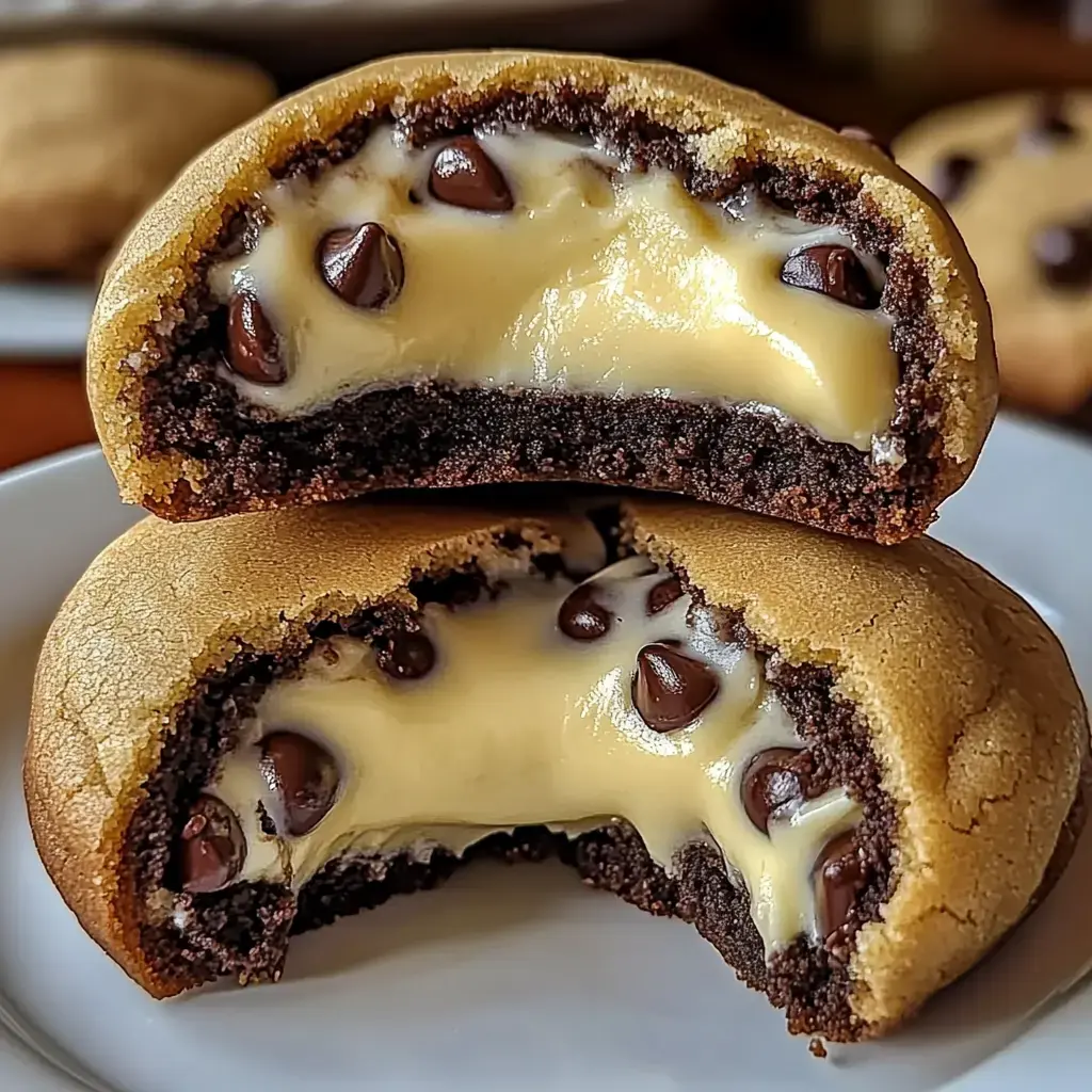 A close-up image of two chocolate chip cookie sandwiches, revealing a gooey cream filling and chocolate chips inside.