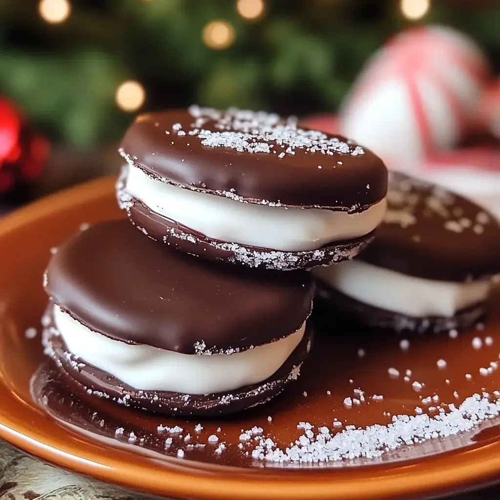 Three chocolate-covered sandwich cookies with a white filling are arranged on a brown plate, sprinkled with coarse sugar, against a festive background.