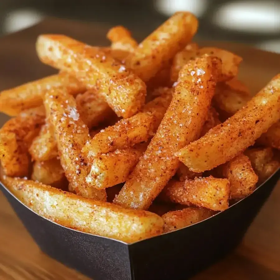 A close-up image of golden-brown, seasoned French fries in a black square bowl.