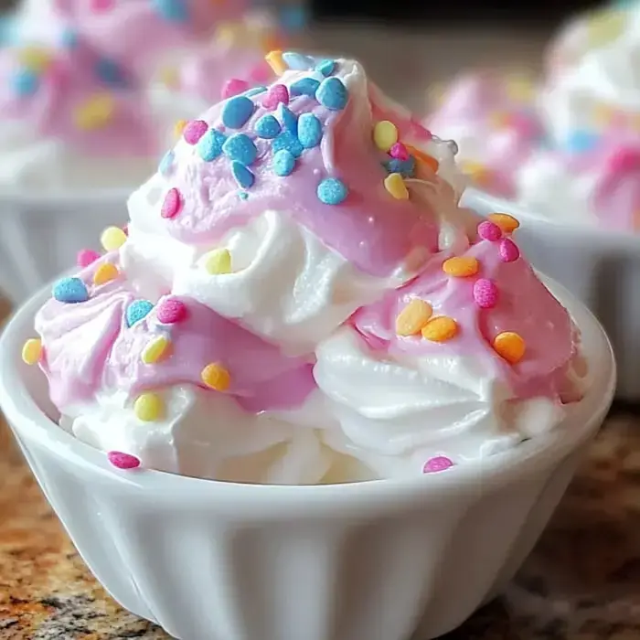 A close-up of a bowl filled with fluffy whipped cream topped with pink frosting and colorful sprinkles.