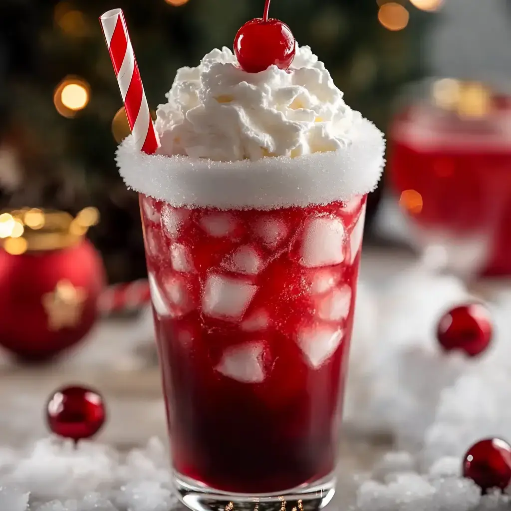 A festive red drink with ice, topped with whipped cream and a cherry, garnished with a sugared rim and a striped straw, surrounded by holiday decorations.