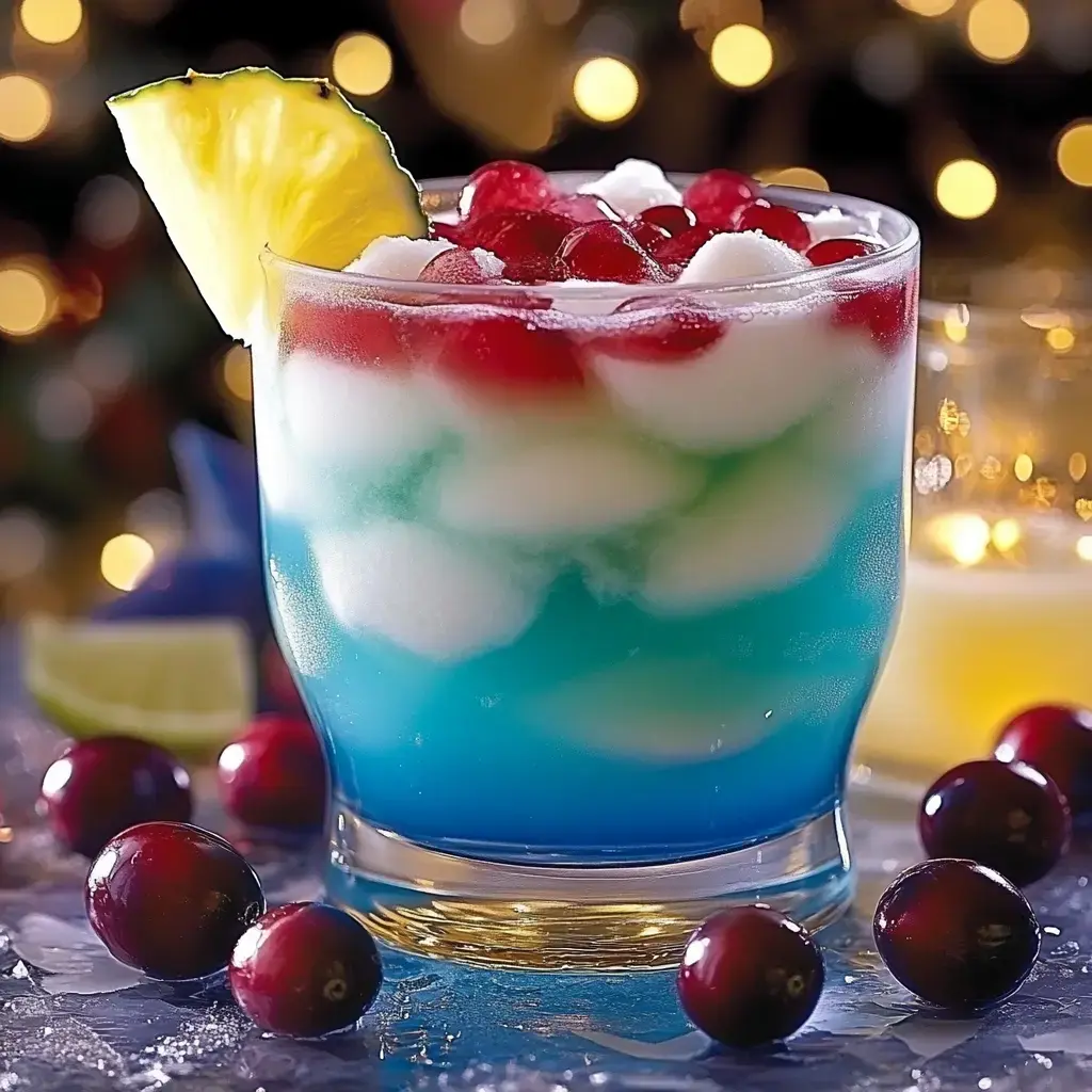 A colorful layered drink with blue, green, white, and red hues, garnished with a pineapple slice and topped with cherries, sits on a table surrounded by ice and cranberries.