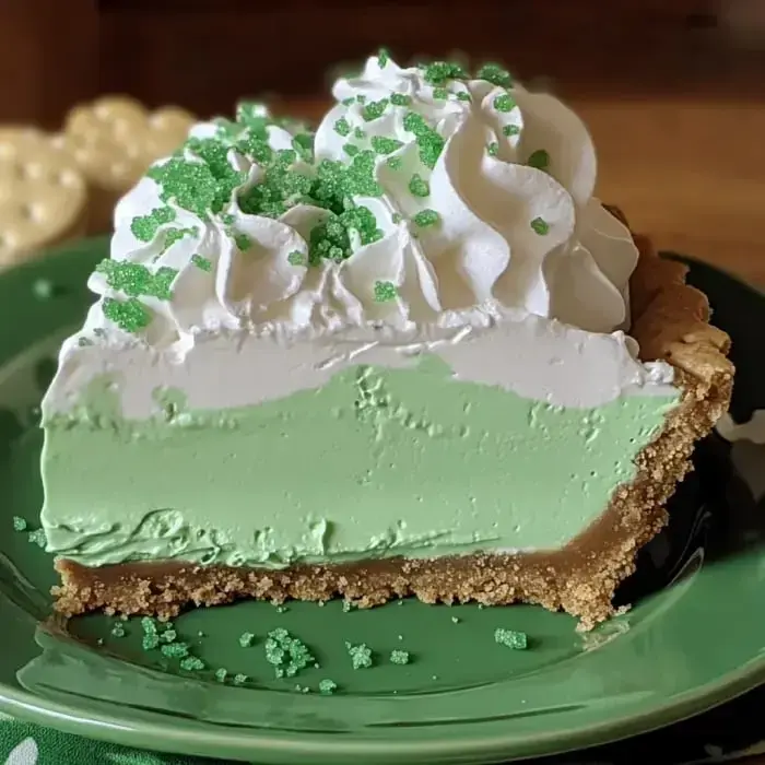 A slice of green pie with creamy layers topped with whipped cream and green sprinkles on a green plate.