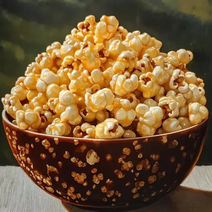 A large bowl filled with fluffy, caramel-coated popcorn sits on a light surface.