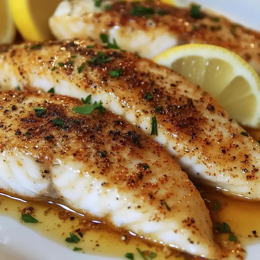 Close-up of seasoned fish fillets garnished with herbs and lemon slices.