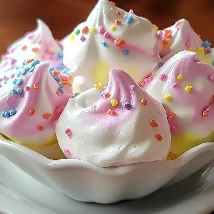 A close-up of colorful meringue kisses topped with pastel sprinkles in a decorative dish.