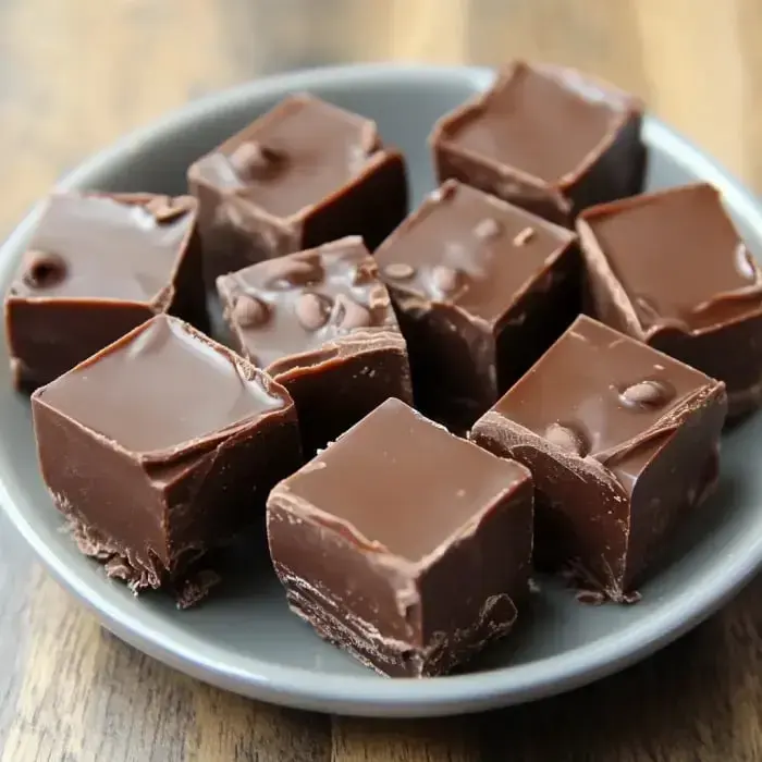 A plate of chocolate fudge squares arranged neatly.