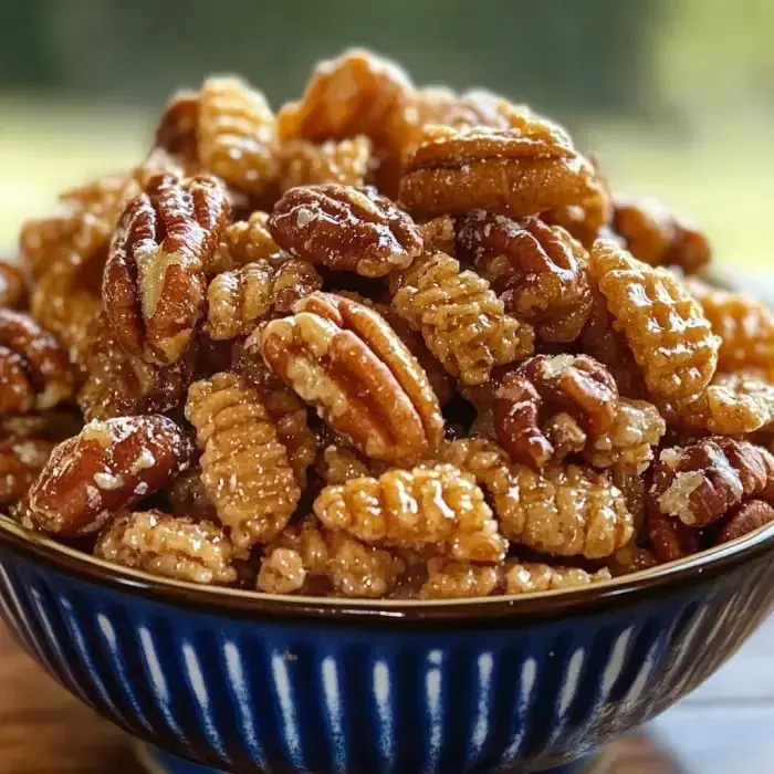 A bowl filled with candied pecans and caramelized nuts.