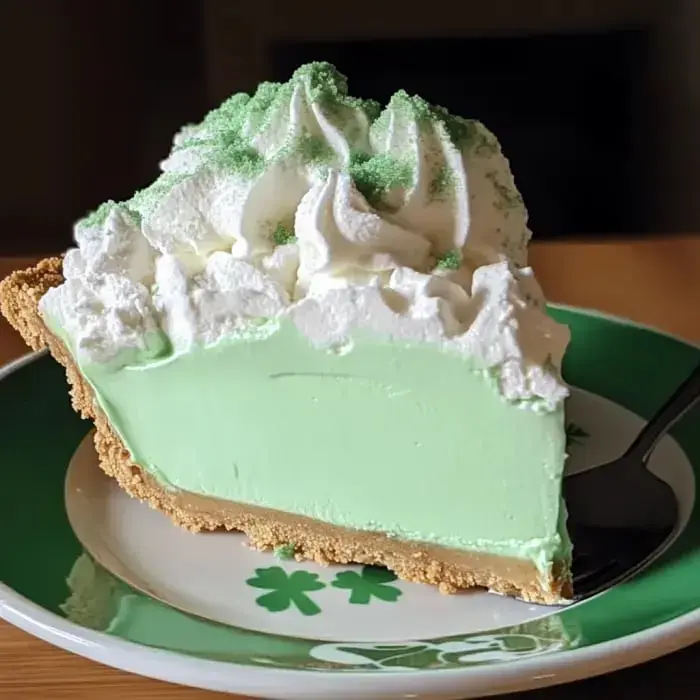 A slice of green pie topped with whipped cream and green sprinkles, resting on a plate with a shamrock design.