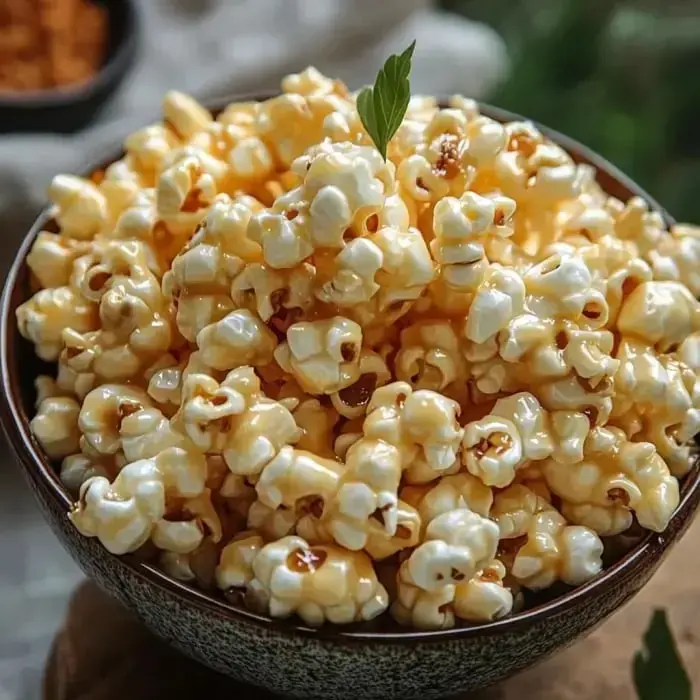 A close-up of a bowl filled with caramel-coated popcorn, garnished with a small green leaf.