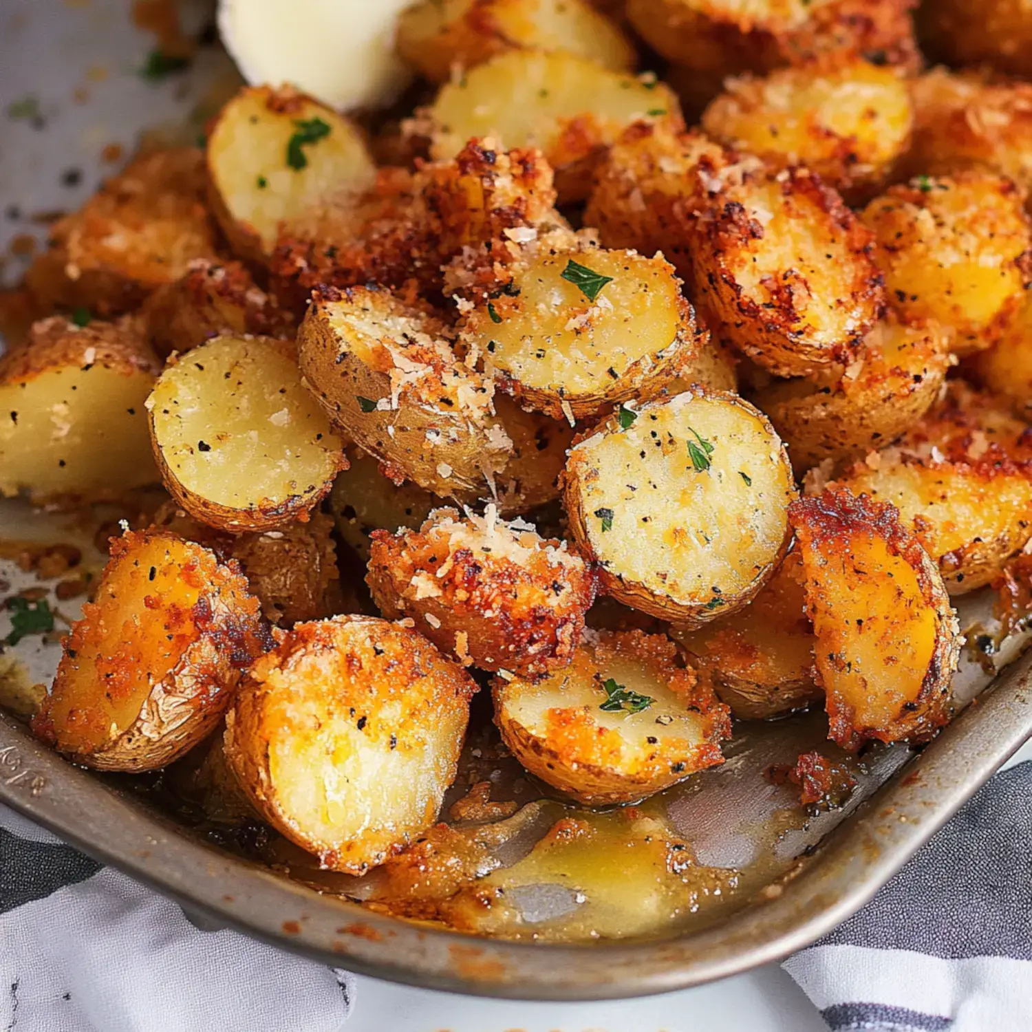 A zoom-in shot of golden-brown baked potatoes, topped with herbs and a sprinkle of cheese, presented in a serving dish.