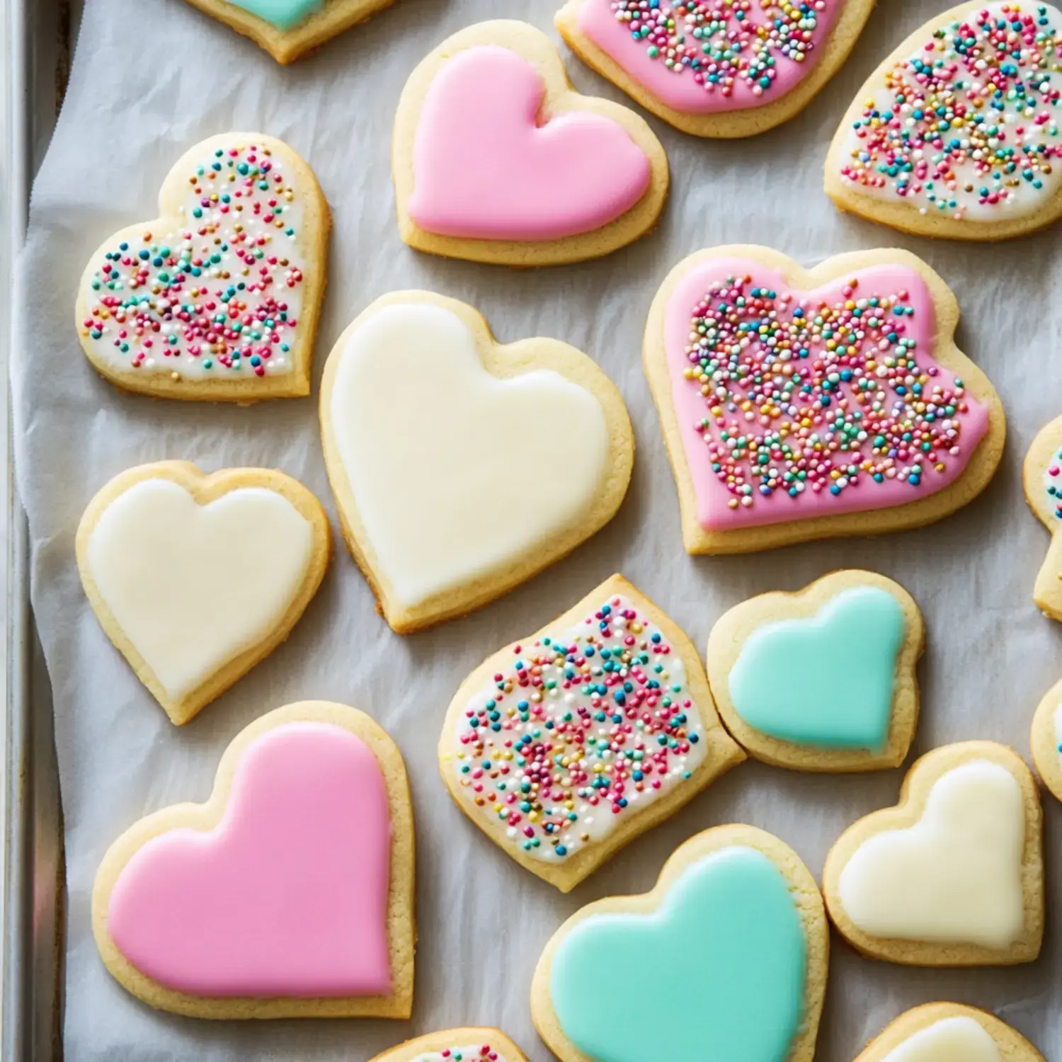 A variety of heart-shaped cookies decorated with colorful icing and sprinkles are arranged on a baking sheet.