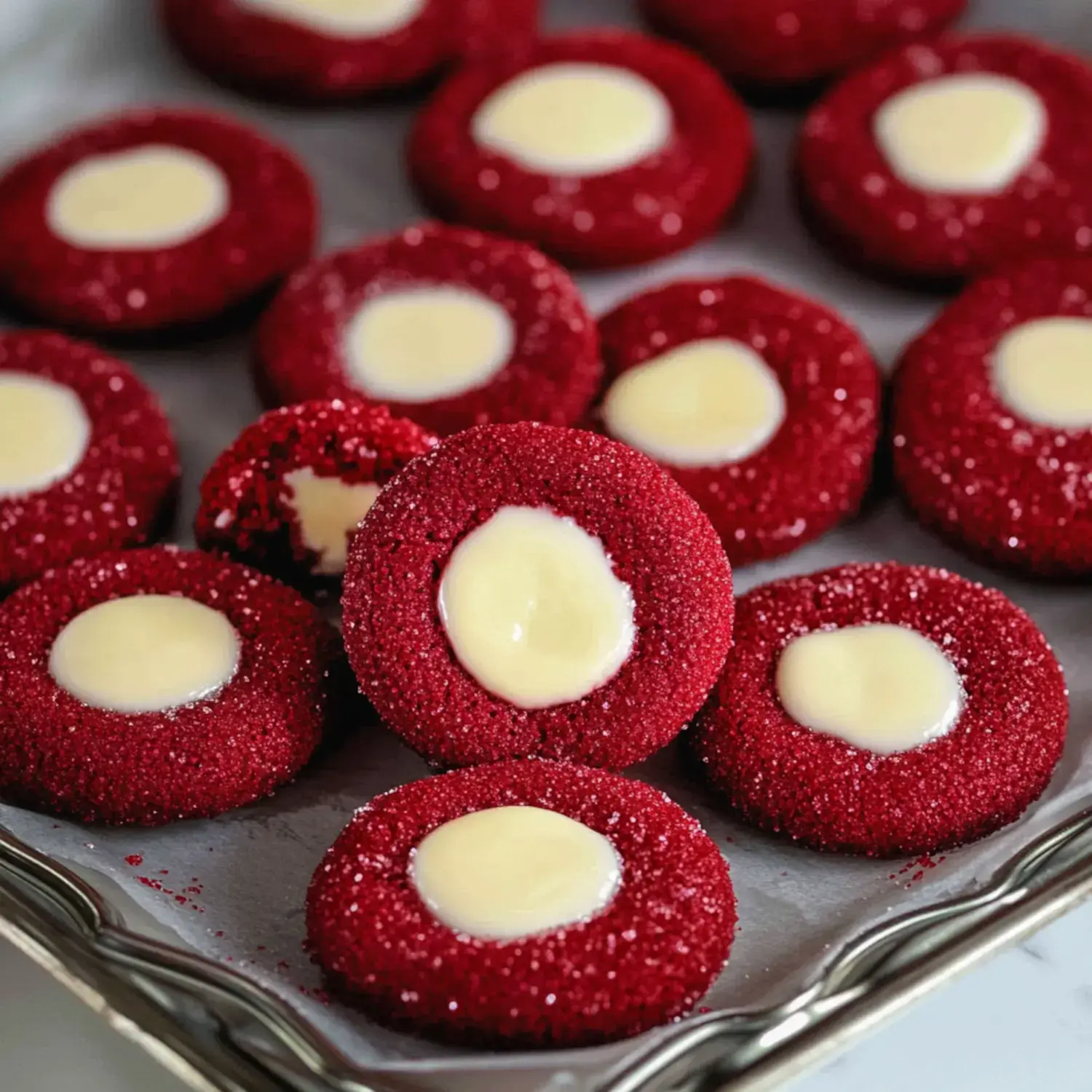 A plate of glittery red cookies showing creamy white middles, with bite marks visible on some cookies.