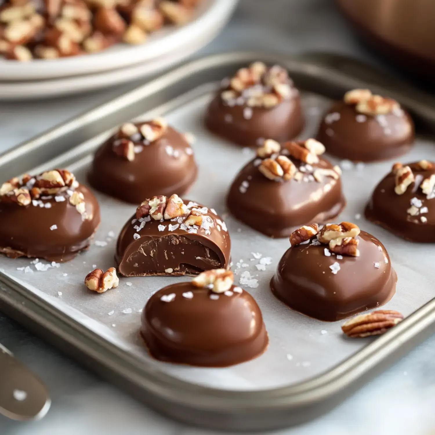 A plate of chocolate treats with pecans on top and sea salt sprinkles, with one candy cut open showing the soft center.