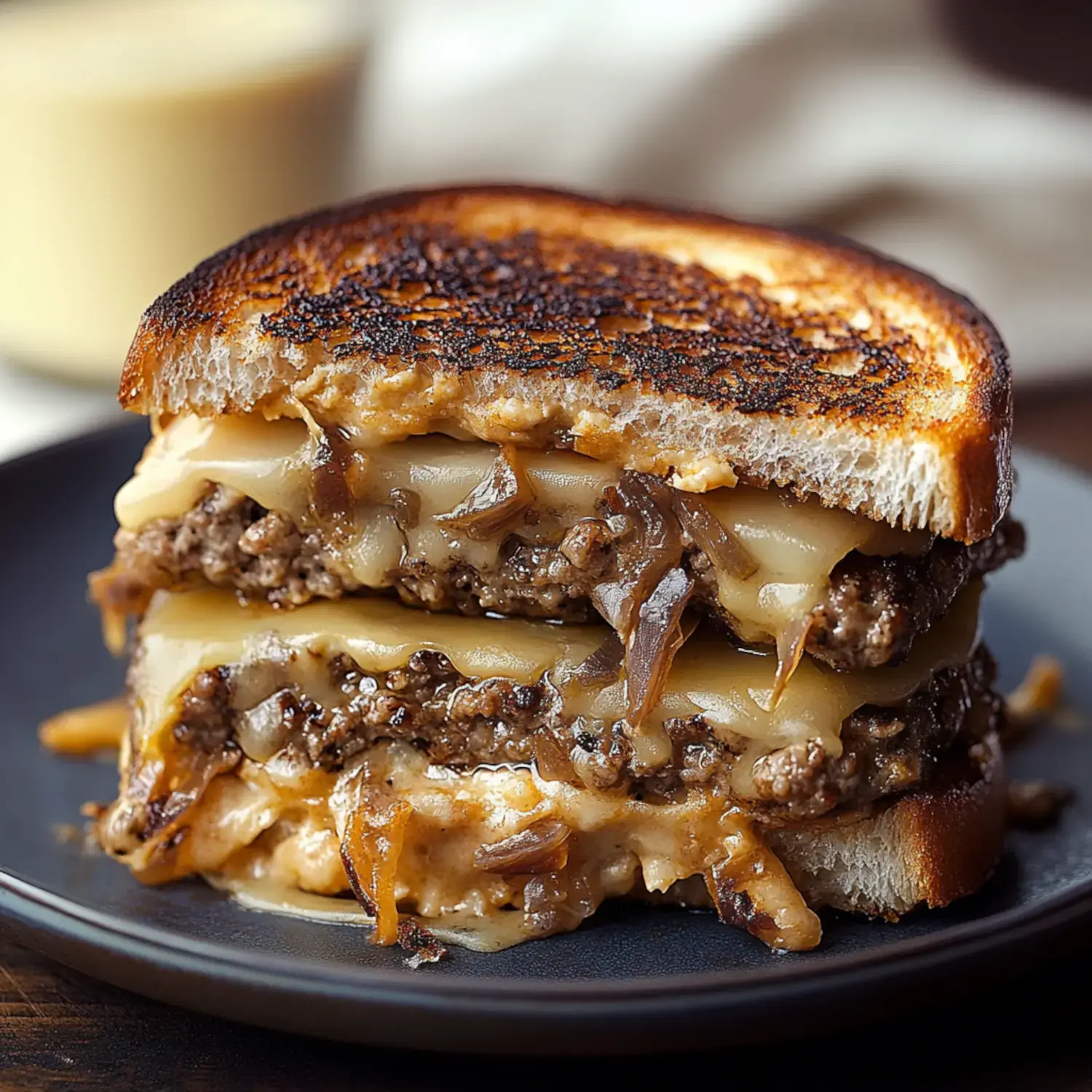 A close-up of a toasted sandwich filled with layers of melted cheese, ground beef, and caramelized onions, served on a black plate.