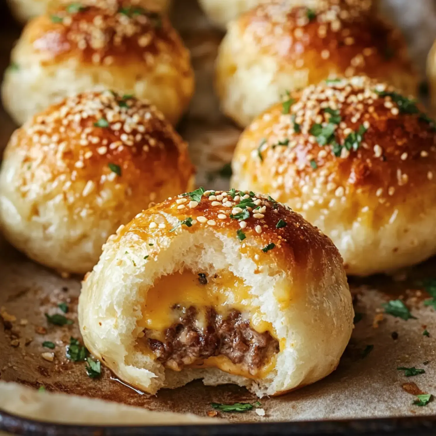 A close-up of a golden, sesame-seed topped bread roll half-eaten, revealing melted cheese and cooked meat filling inside, with additional rolls in the background.