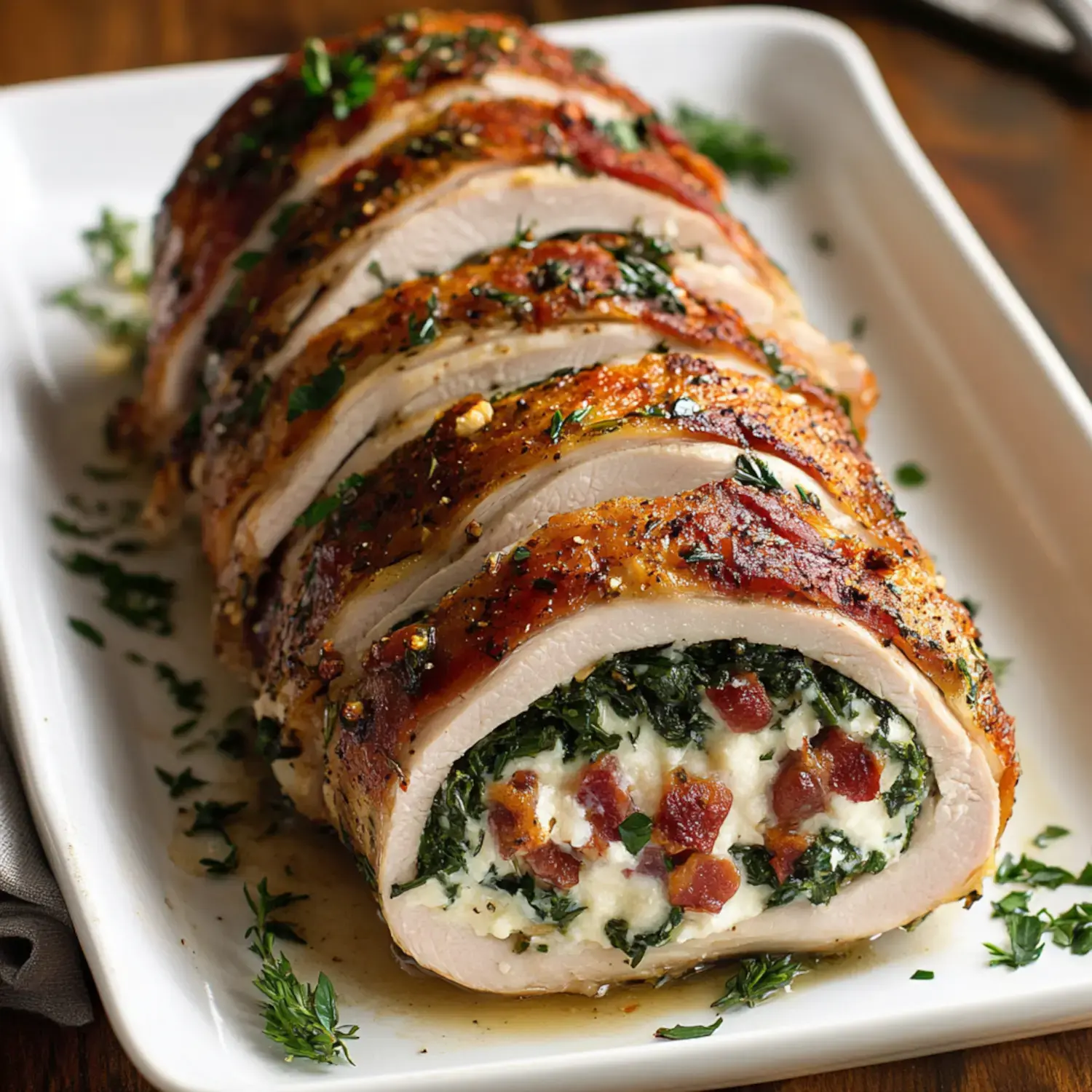 A beautifully sliced, stuffed chicken breast with a golden-brown crust, revealing a filling of spinach, cheese, and bacon on a white platter.