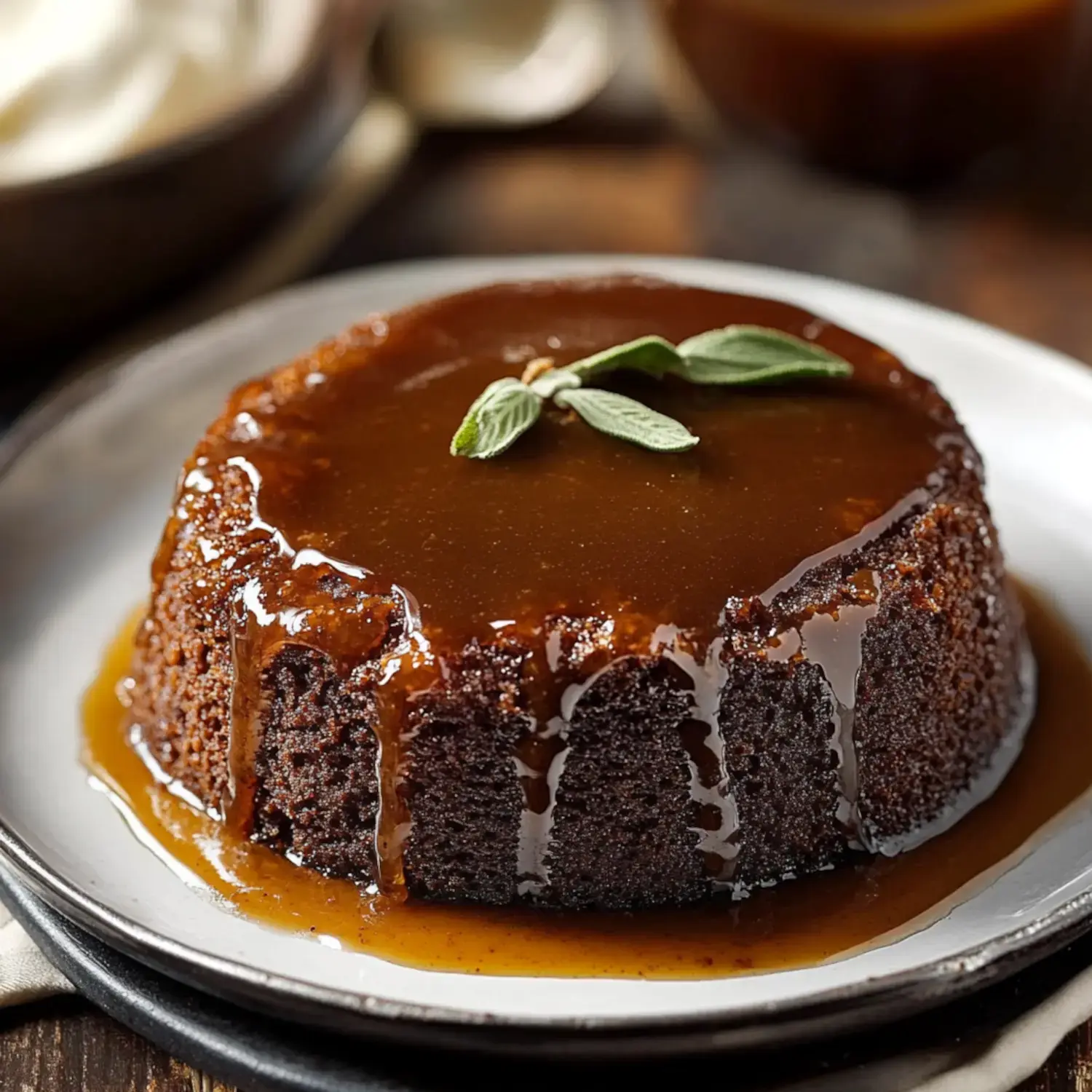 A dark, moist cake topped with shiny caramel sauce and a green garnish sits on a white plate.