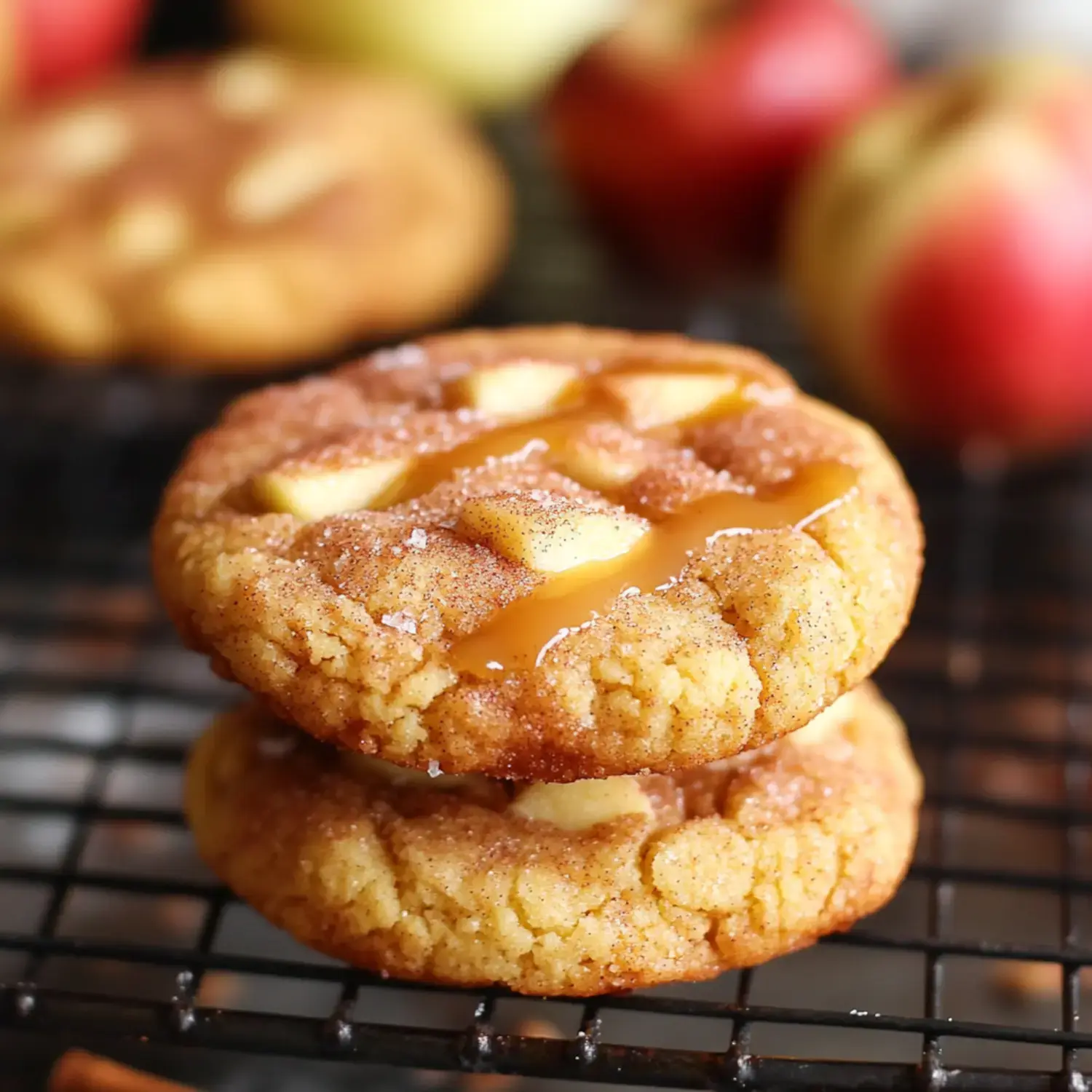 Two caramel apple cookies are stacked on a wire cooling rack, with fresh apples blurred in the background.