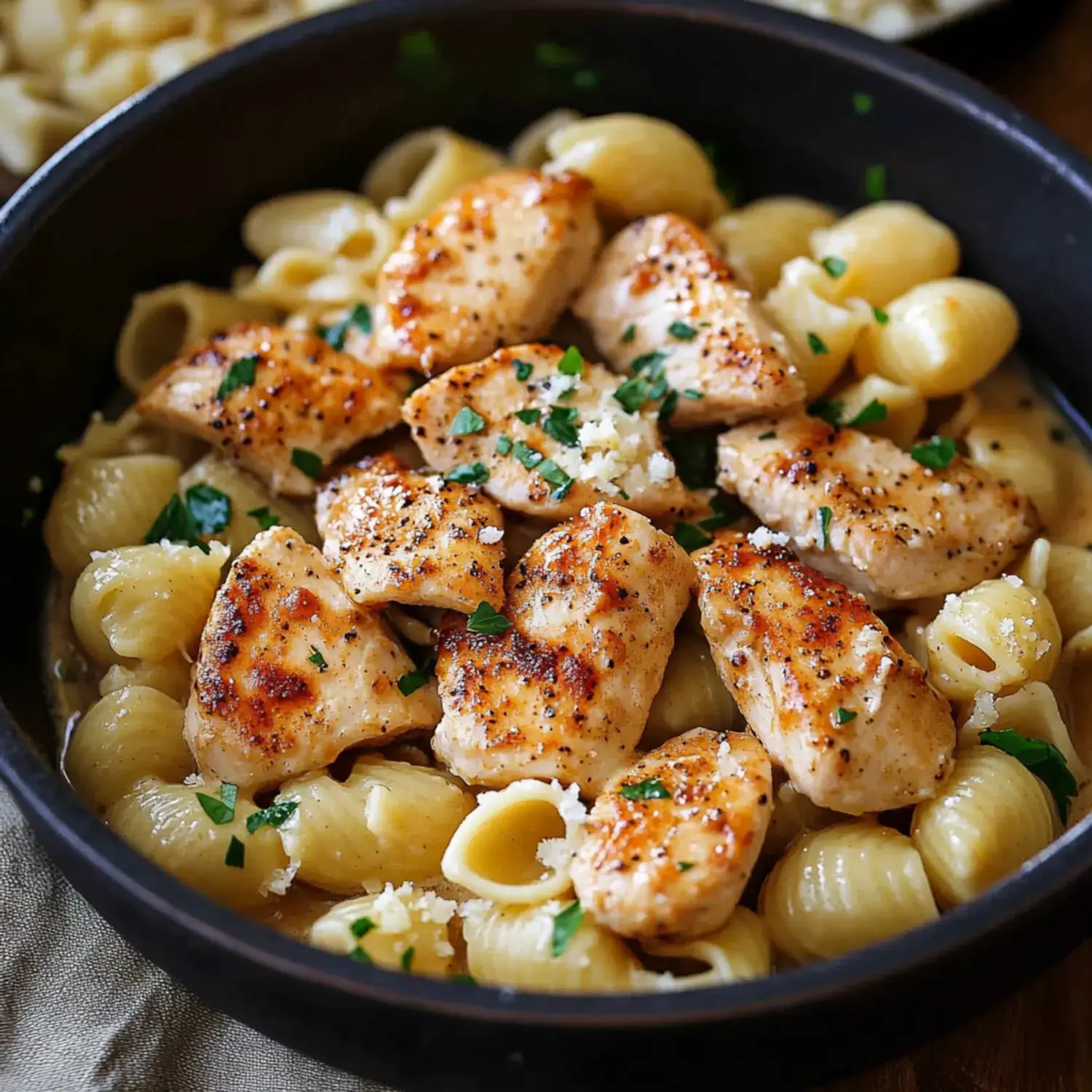 A black bowl filled with creamy pasta shells topped with grilled chicken pieces and garnished with chopped parsley.