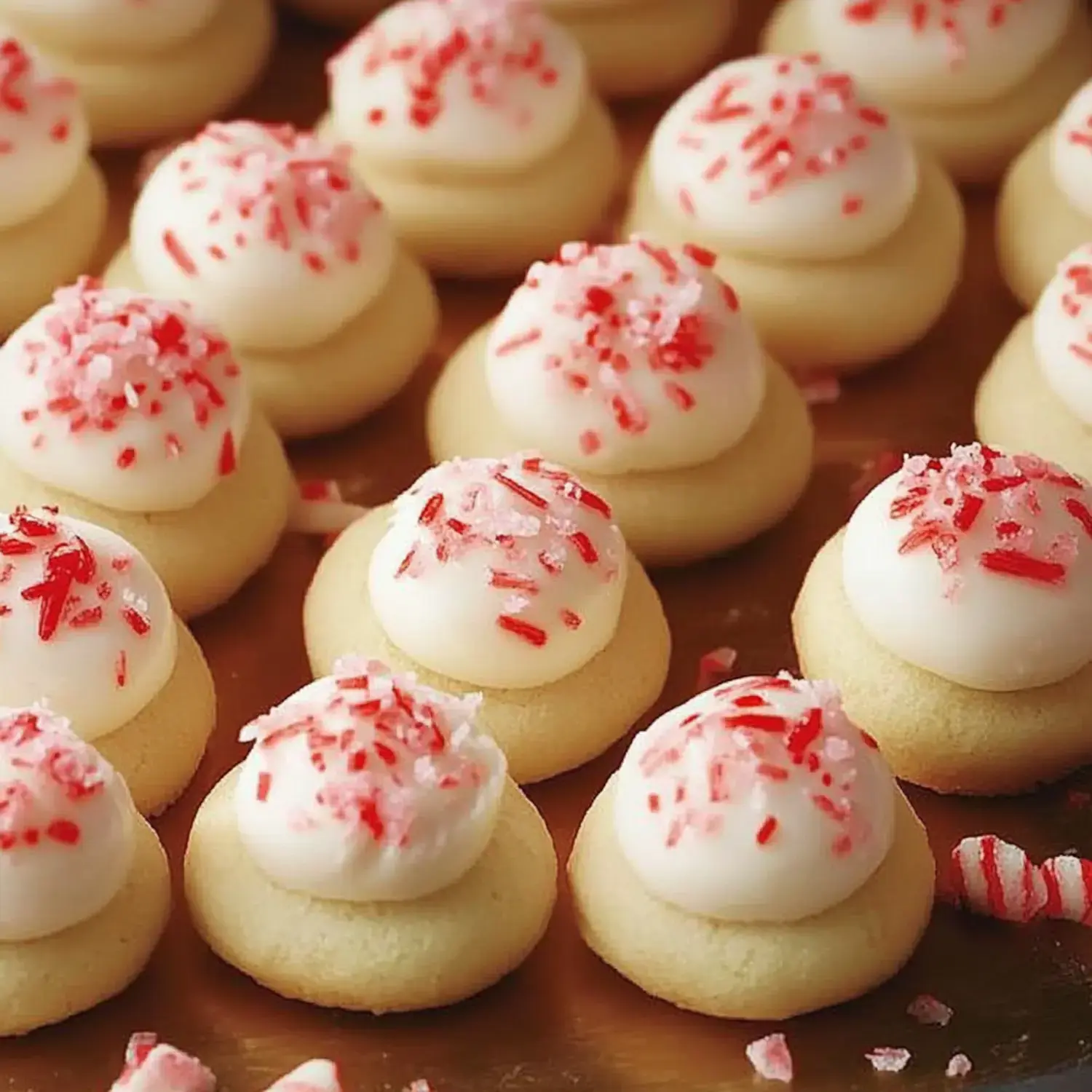 A close-up of festive cookies topped with white icing and red sprinkles arranged neatly on a gold surface.