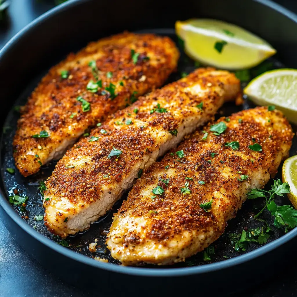 Three seasoned and crispy fish fillets are garnished with parsley and served with lemon wedges in a black frying pan.