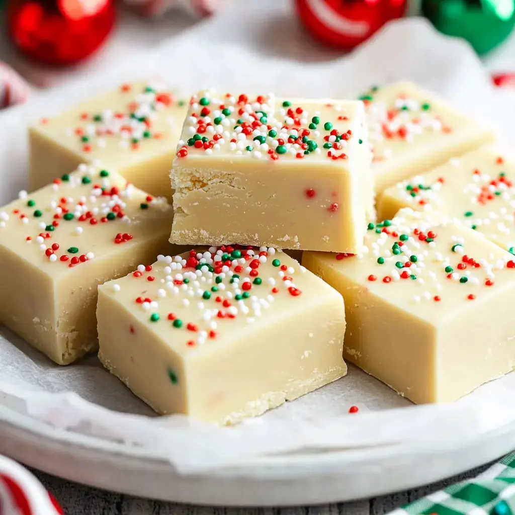 A plate of festive white fudge squares topped with red, green, and white sprinkles.