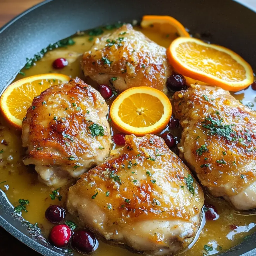 Golden brown chicken thighs with fresh cranberries and orange slices in a luscious sauce, served hot in a skillet.