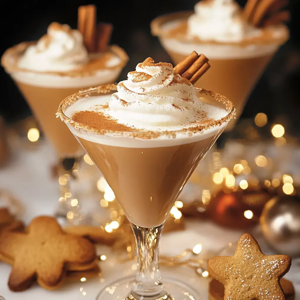 Three cream-topped martinis with cinnamon sticks and gingerbread cookies are displayed in a cozy holiday setting.