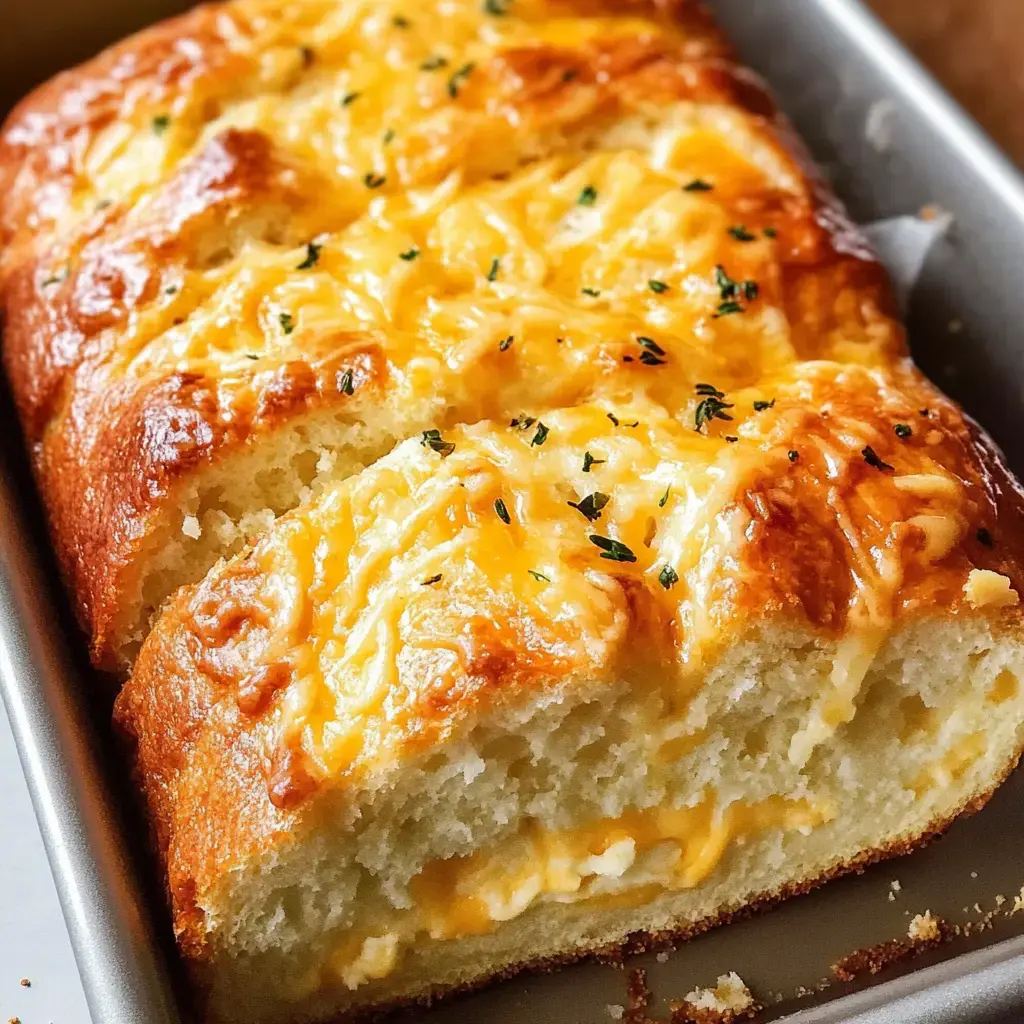 A warm loaf fresh from the oven, golden cheese crust on top, with a soft, airy cut showing flavorful herbs and cheddar inside.