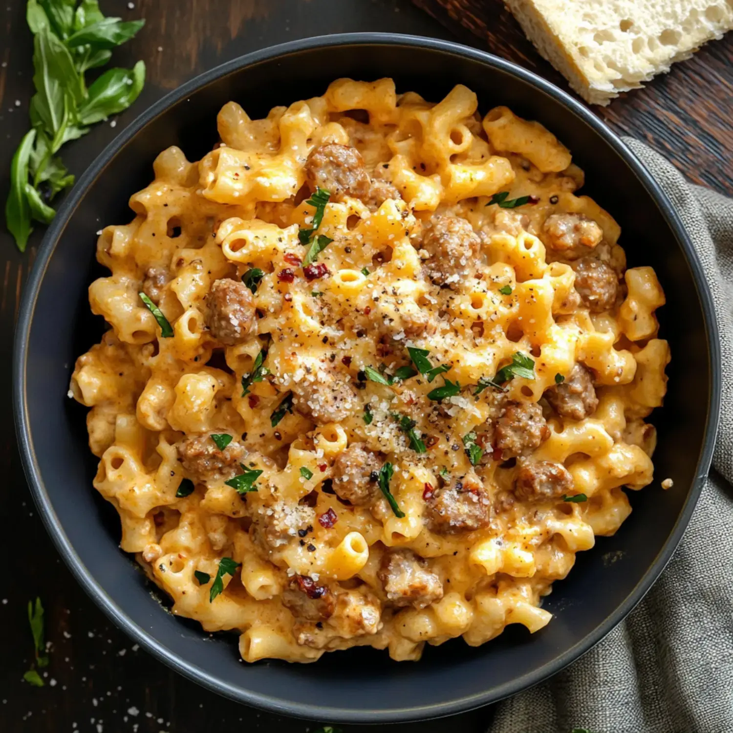 A dark bowl filled with cheesy pasta featuring sausage, parsley, and seasonings, served with a slice of bread.