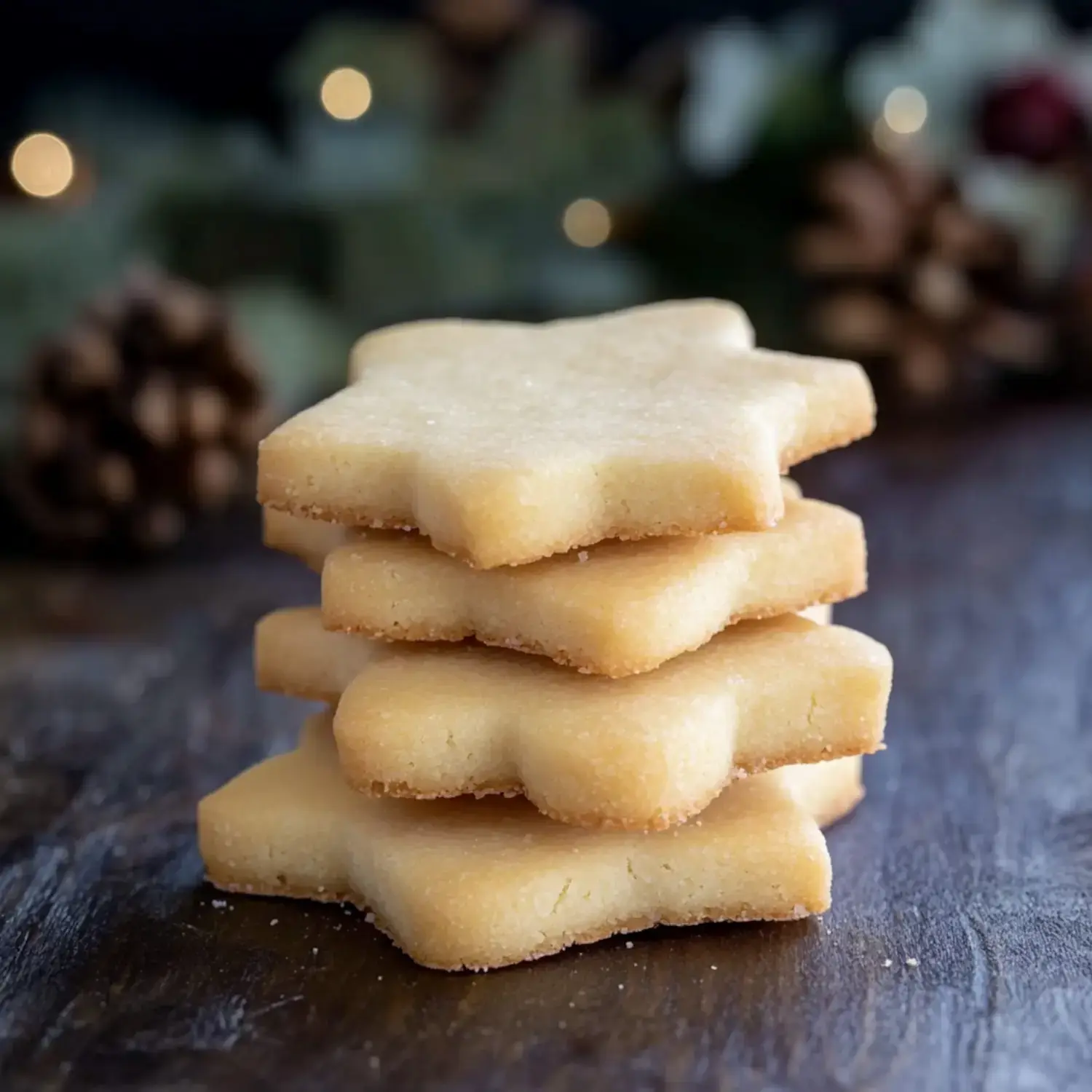 A rustic stack of round, golden cookies on wood, with pinecones and leafy green holiday decor in soft focus.