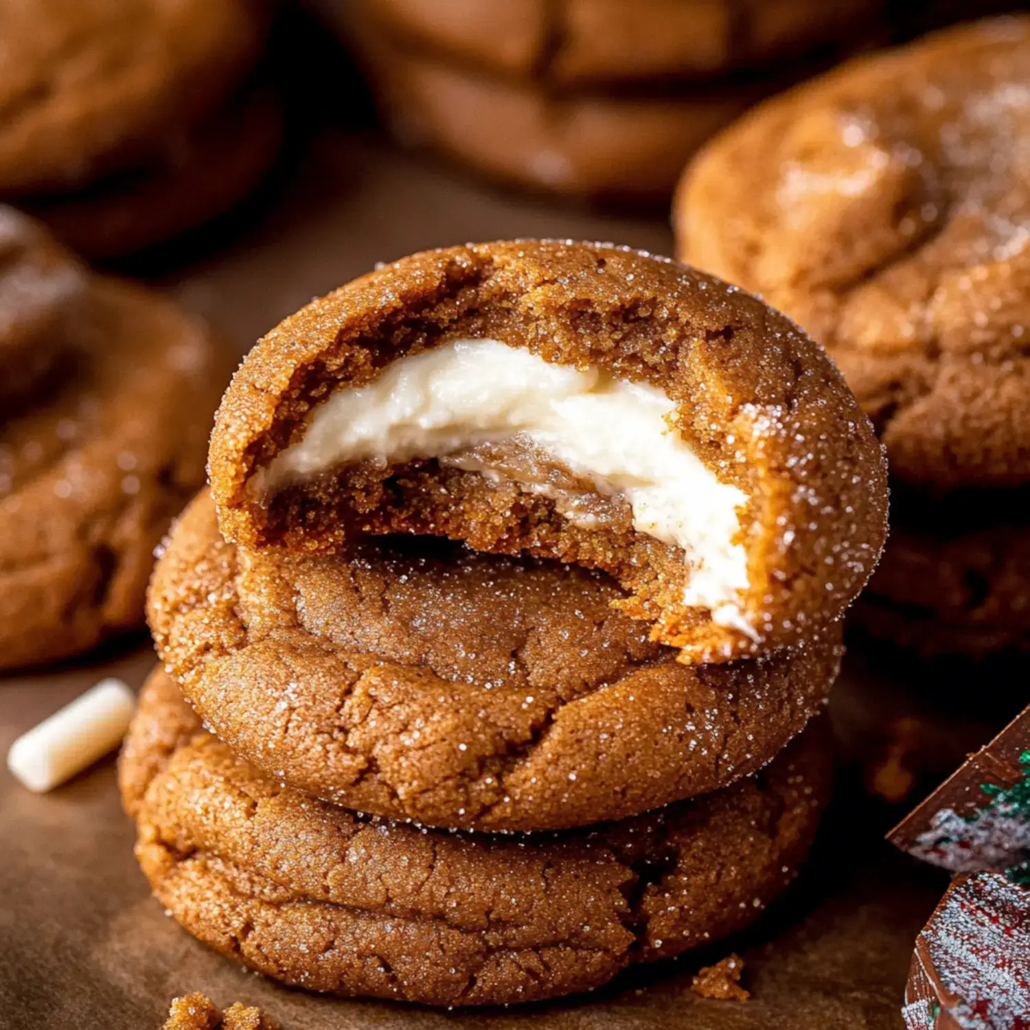 A stack of moist ginger cookies with creamy centers and a sugar coating, some with bites taken.