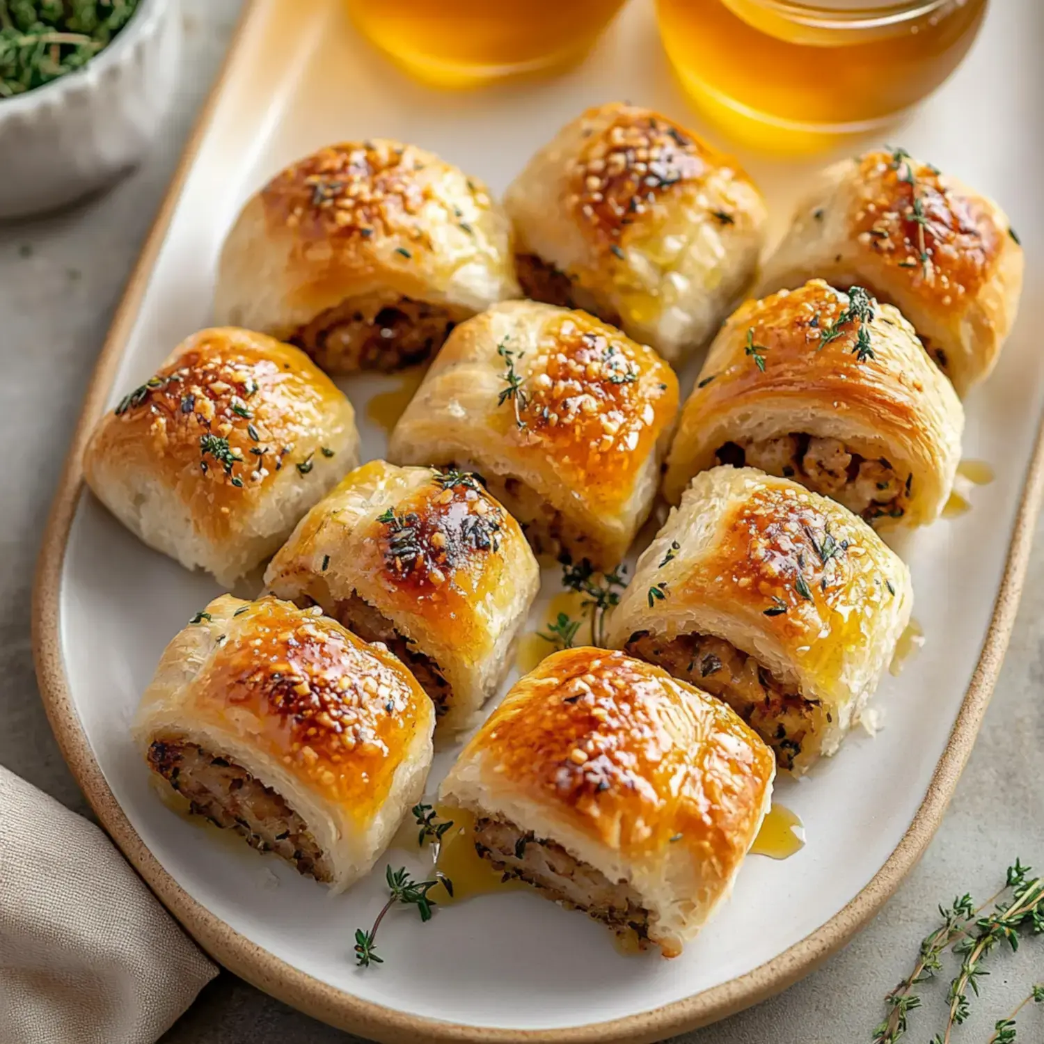 A dish filled with golden puff pastry rolls stuffed with sausage, accented by herbs and flanked by jars of honey.