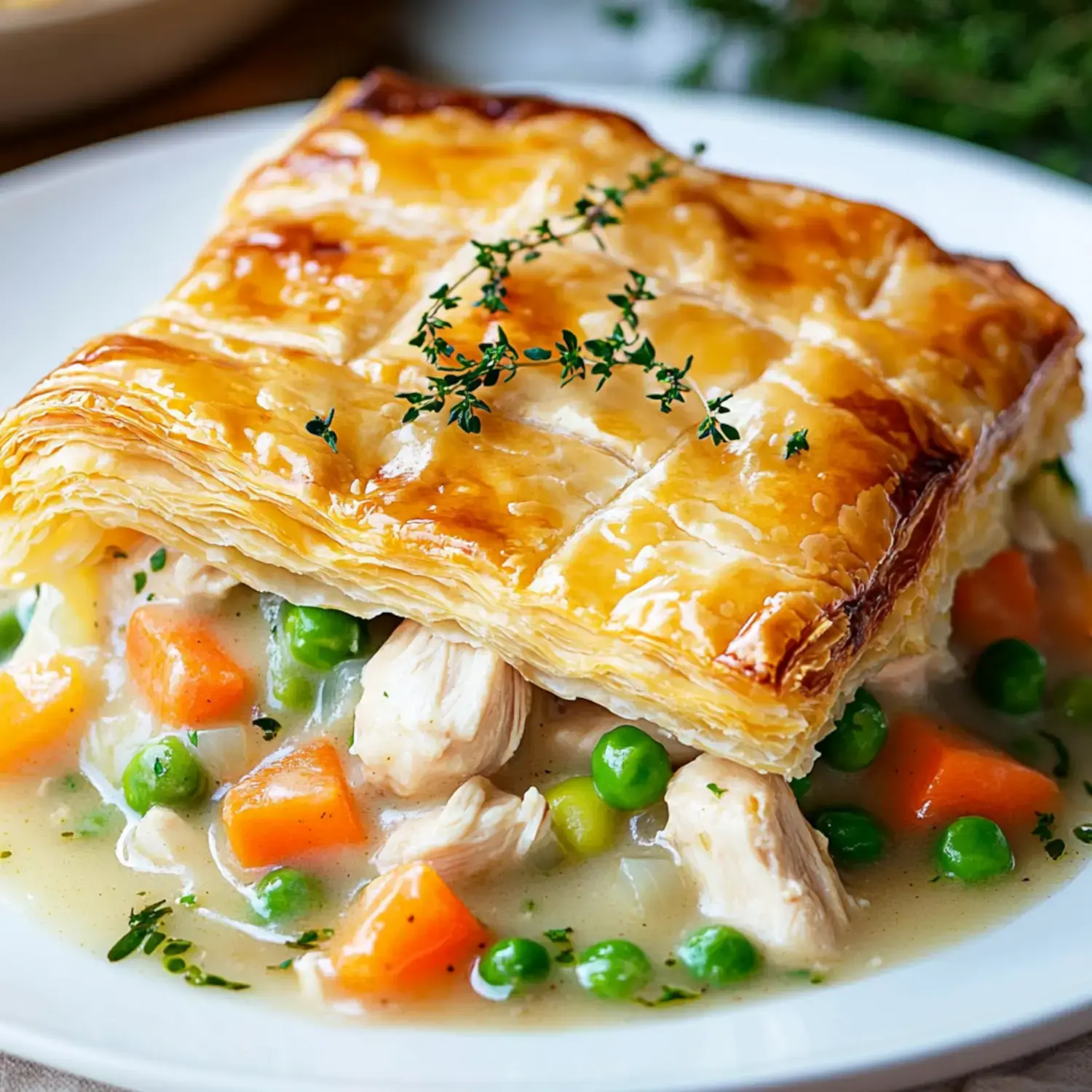 A plate with creamy chicken and vegetables under a layer of golden, flaky puff pastry topped with fresh herbs.