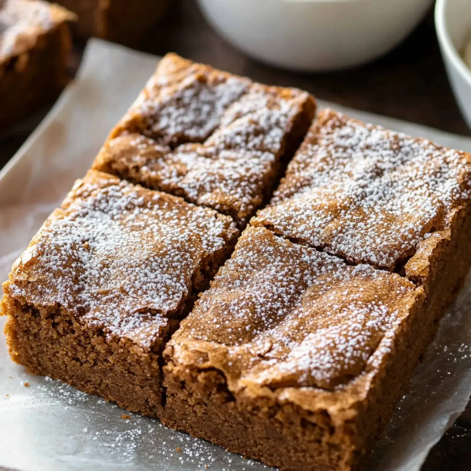 A close-up of powdered sugar-dusted brownie squares cut into four pieces on parchment paper.