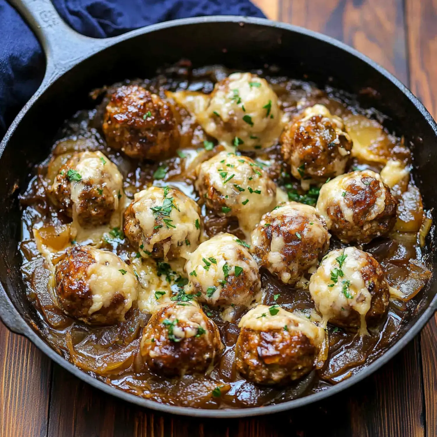 A skillet with cheesy meatballs on top of a rich onion-based sauce, garnished with parsley.