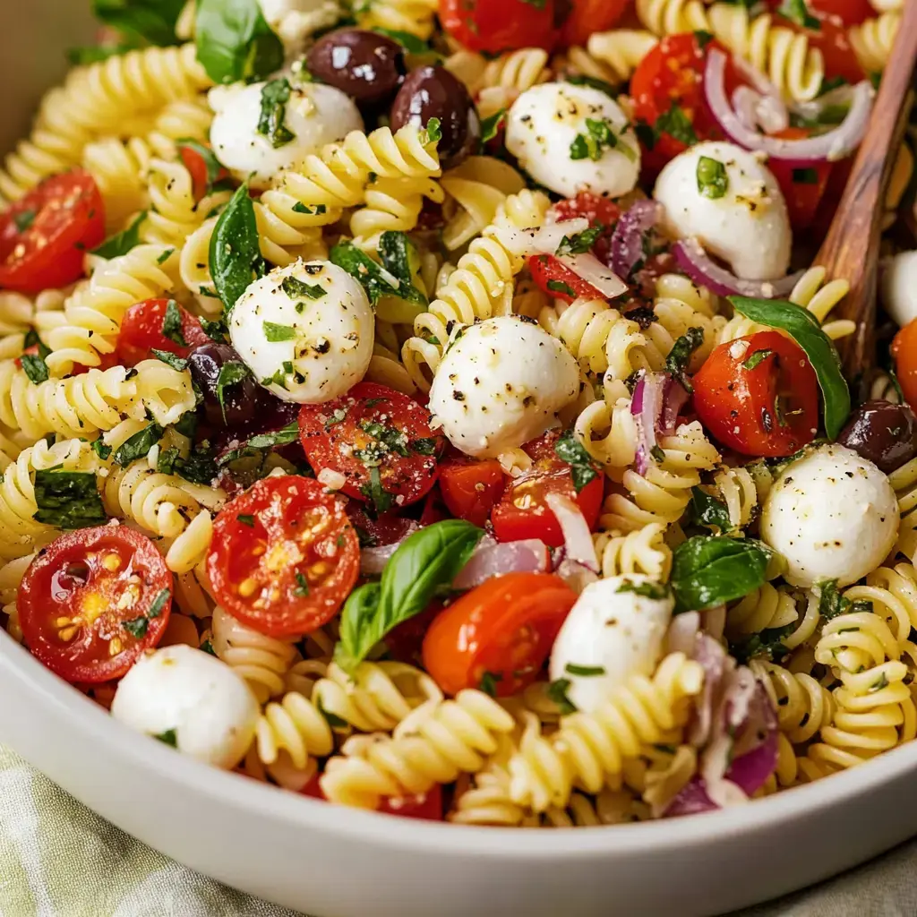 A bowl of vibrant pasta salad with rotini pasta, cherry tomatoes, mozzarella balls, olives, fresh basil, and herbs.