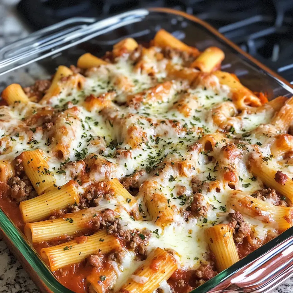 Delicious baked pasta with rigatoni, flavored meat sauce, bubbling cheese, and fresh herbs in a glass dish.