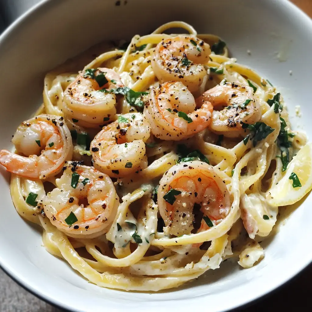 A comforting bowl of shrimp linguine topped with parsley and fresh black pepper.