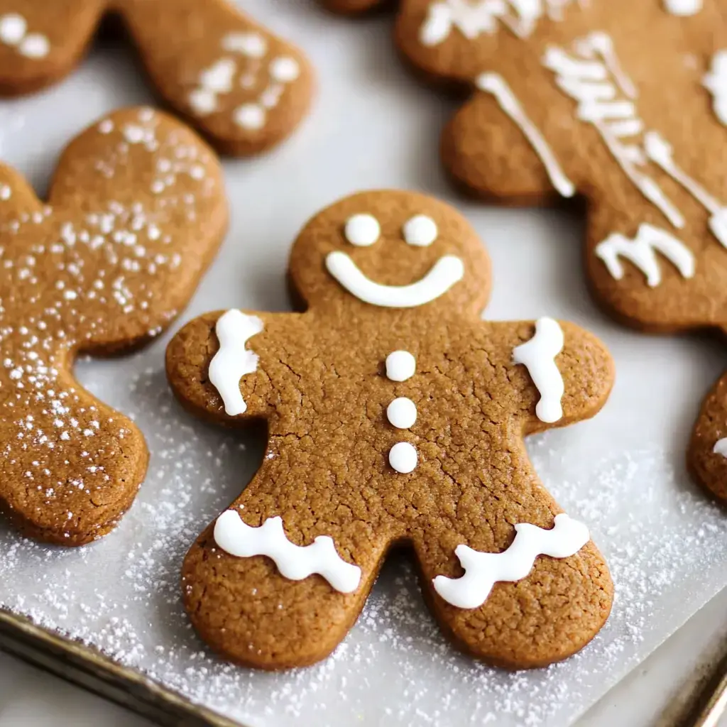 Soft, decorated gingerbread cookies dusted with powdered sugar, shaped like gingerbread cutouts and topped with frosting.