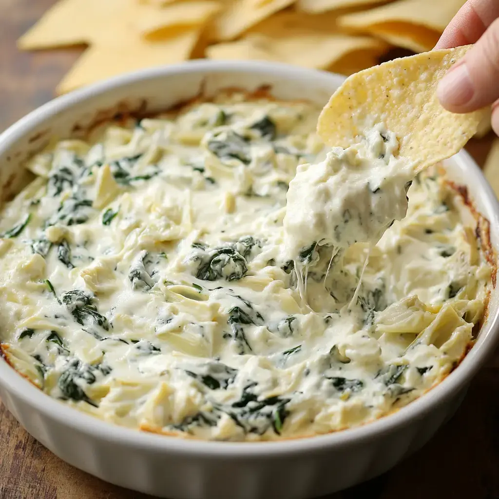 A tortilla chip being dipped into a cheesy spinach artichoke dip baked in a white dish, surrounded by chips.