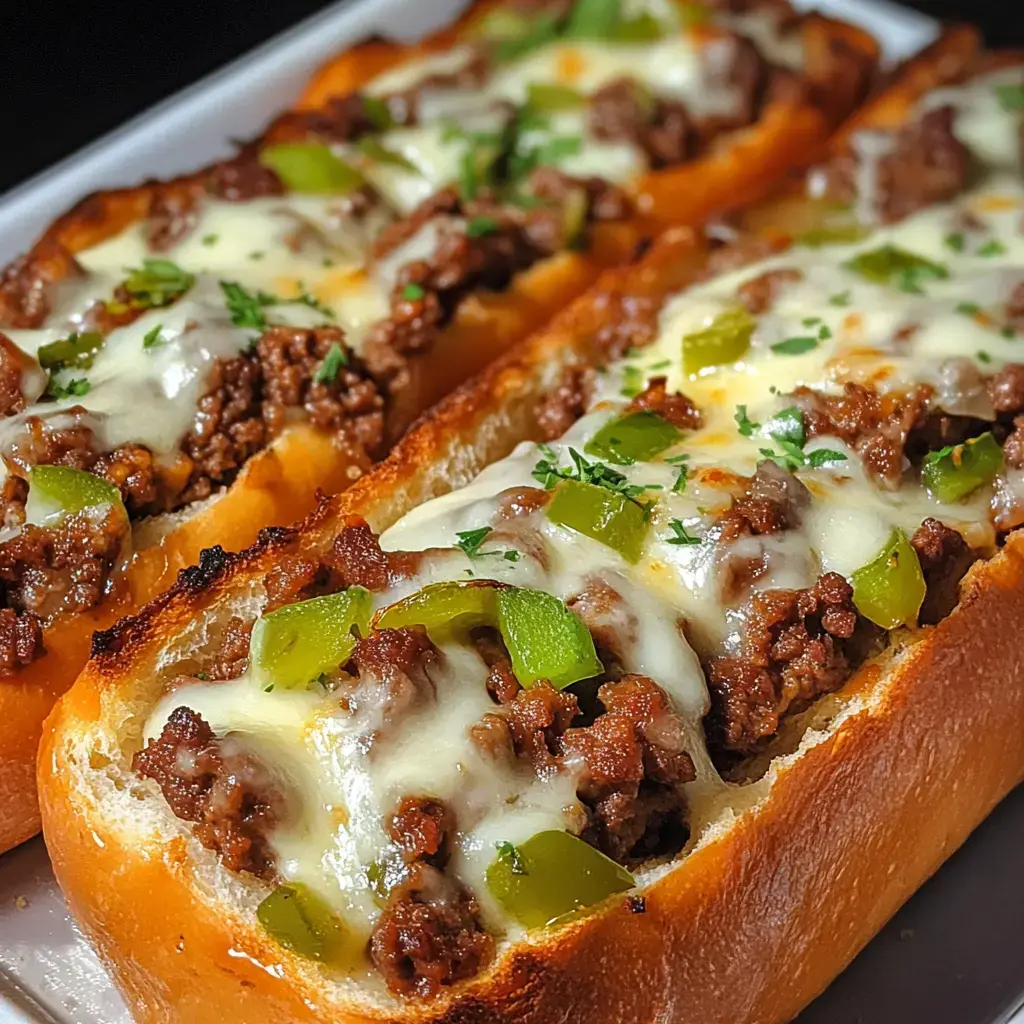 Three pieces of toasted bread filled with juicy steak, gooey cheese, and bits of green bell pepper topped with fresh parsley.