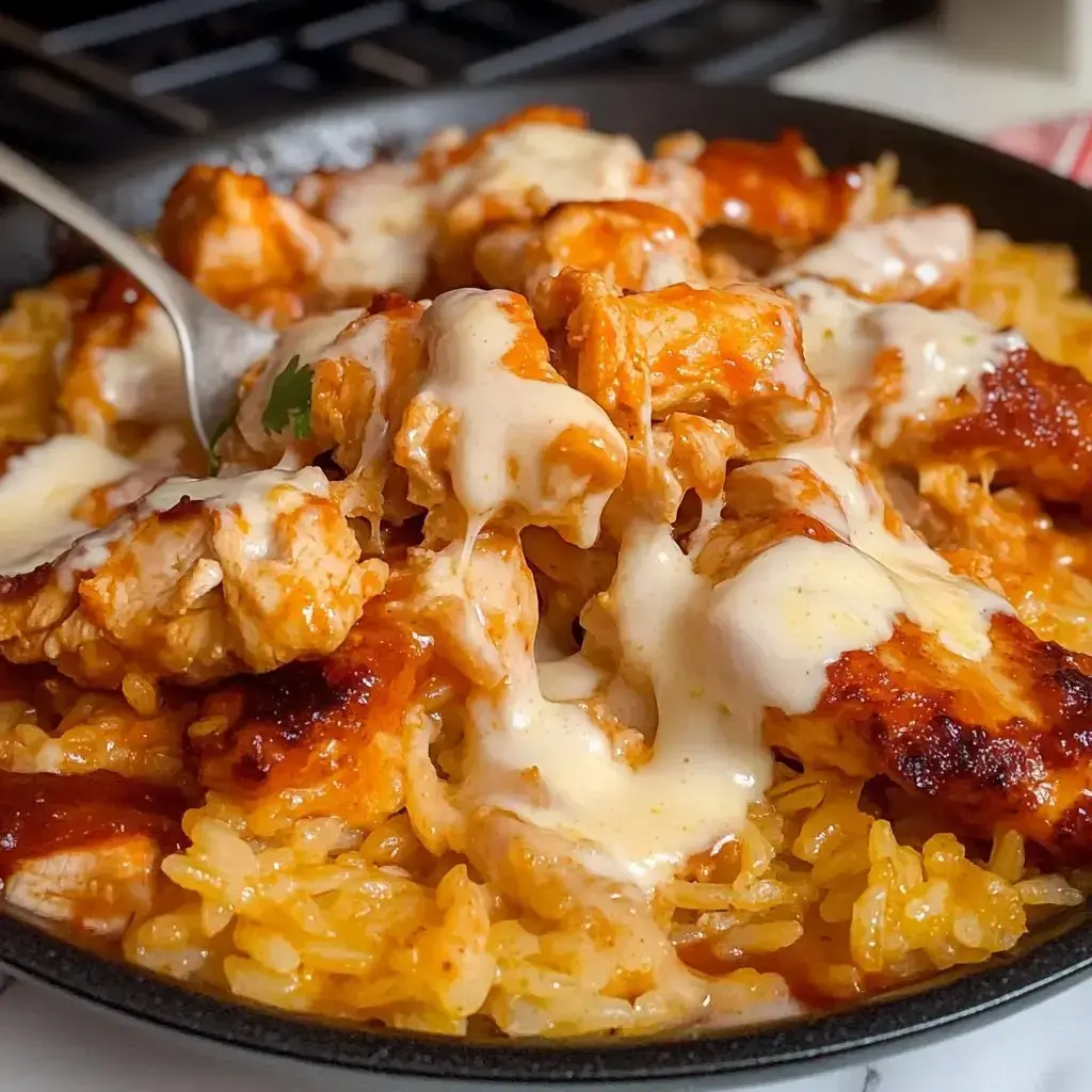 Close-up of golden rice under grilled chicken topped with creamy sauce and BBQ sauce.