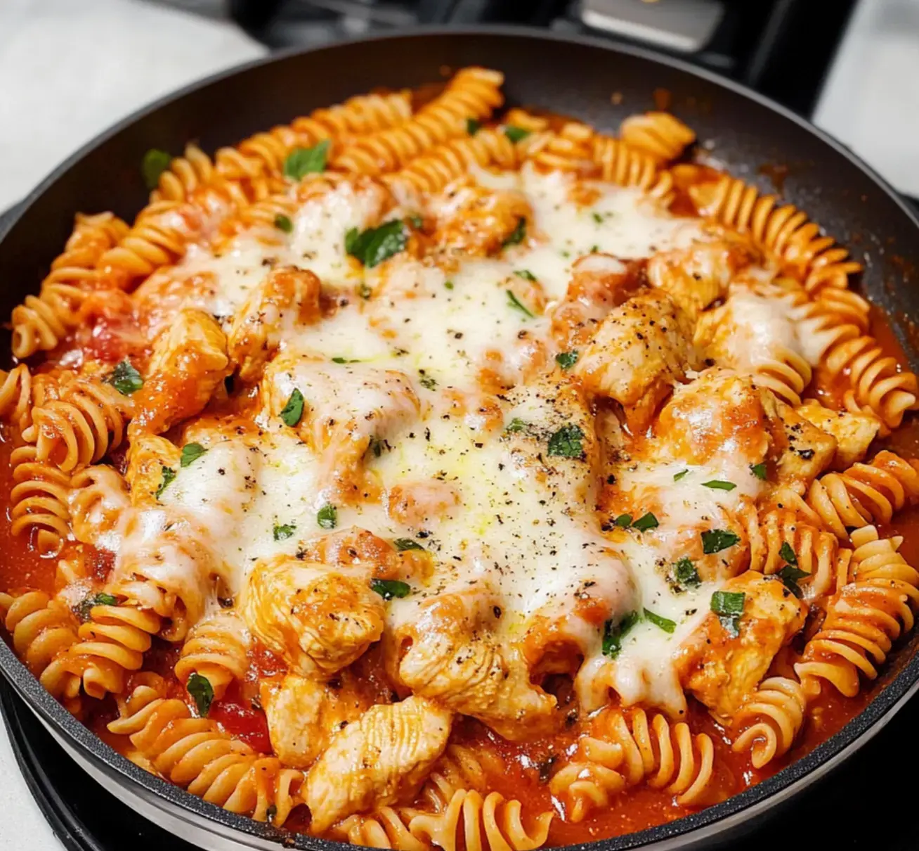 A pan filled with rotini pasta, chunks of chicken, and melted cheese all tossed in tomato sauce, topped with parsley.