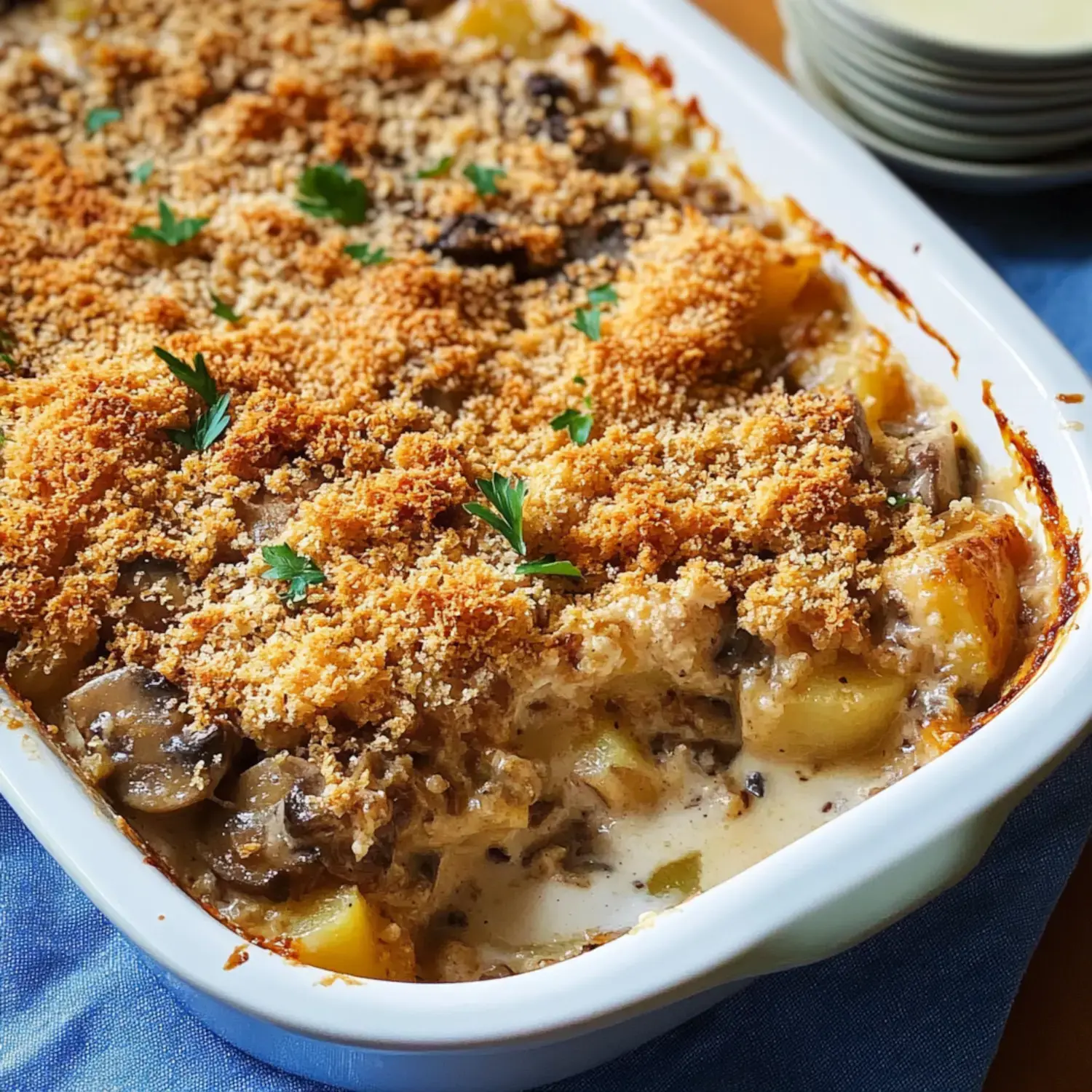 Golden breadcrumb-topped casserole with fresh parsley sprinkles.