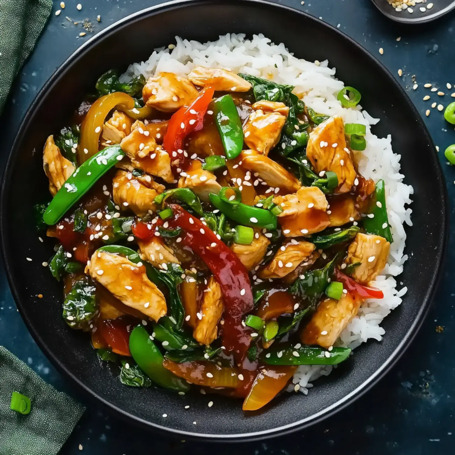 A dish of stir-fried chicken and veggies like peppers and spinach sprinkled with sesame seeds over rice.