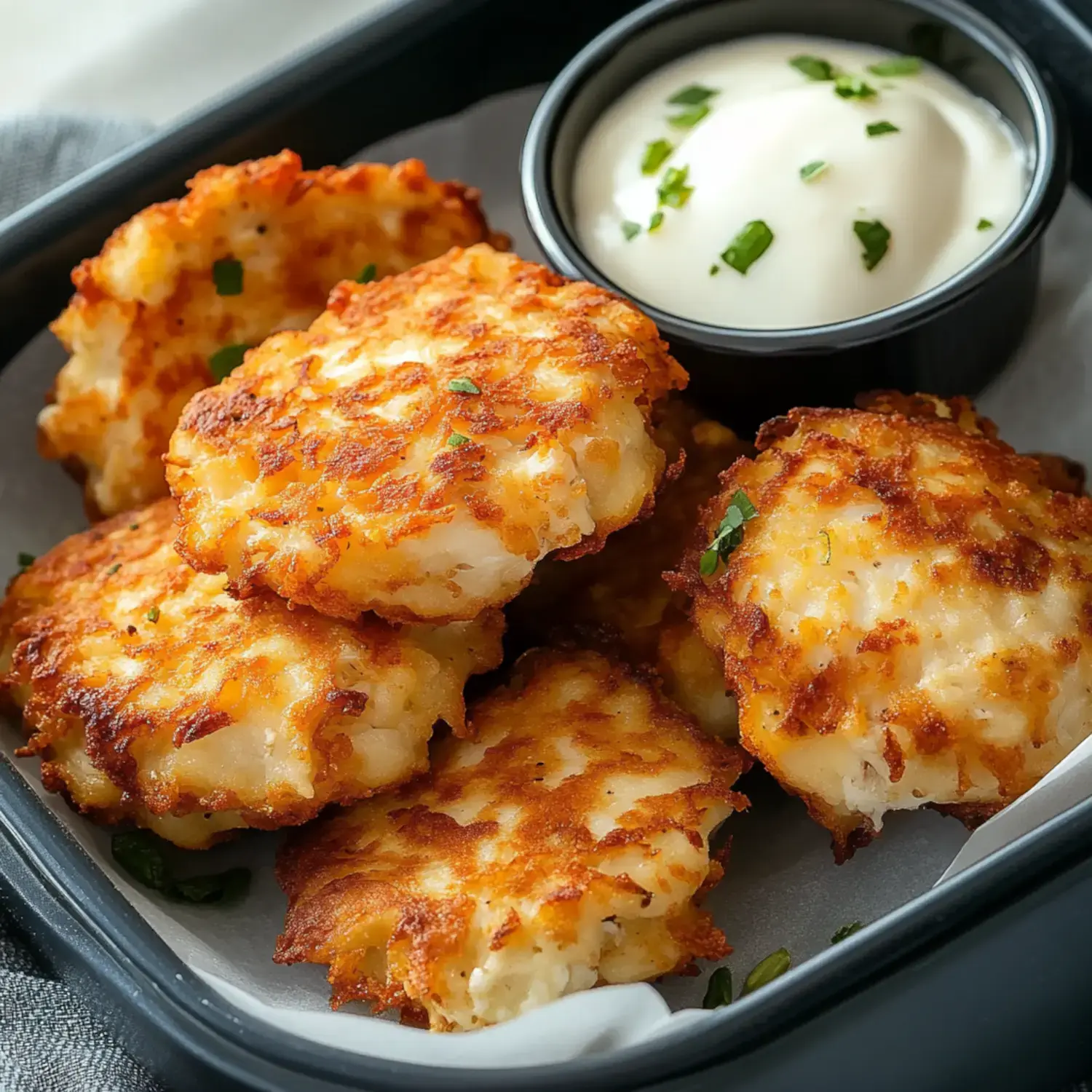 Crispy golden patties in a black container with sour cream and chives on the side.